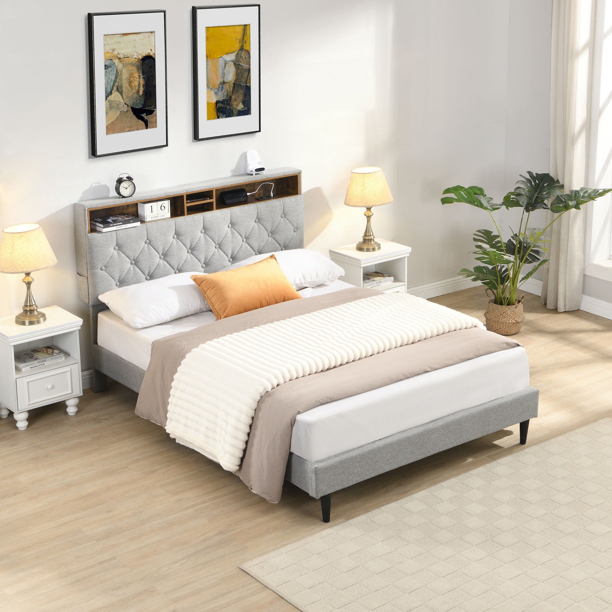 Modern Upholstered Platform Bed Frame With Button Tufted Headboard And USB Ports - The Sleep Loft - Online Mattress Showroom NYC