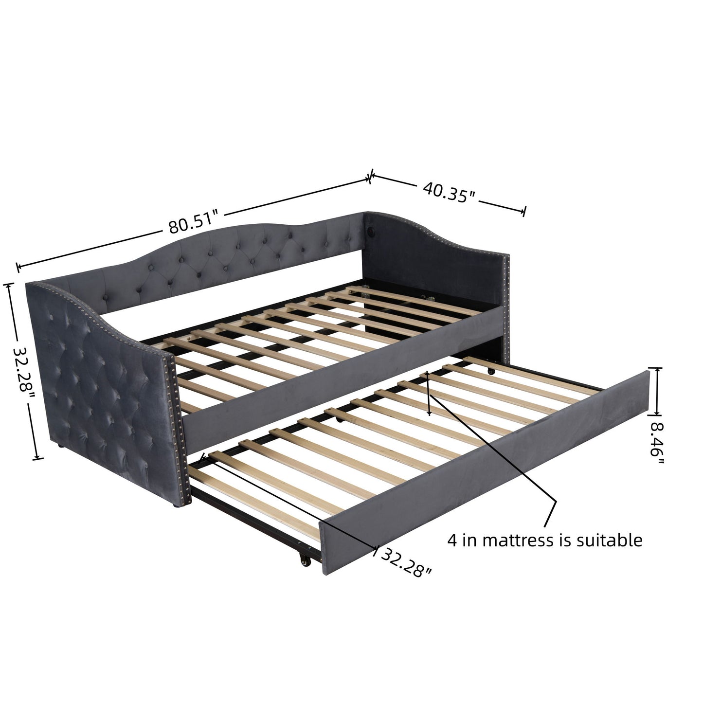 Twin Size Upholstered Daybed With Trundle And USB Charging Design For Bedroom - Gray - The Sleep Loft - Online Mattress Showroom NYC