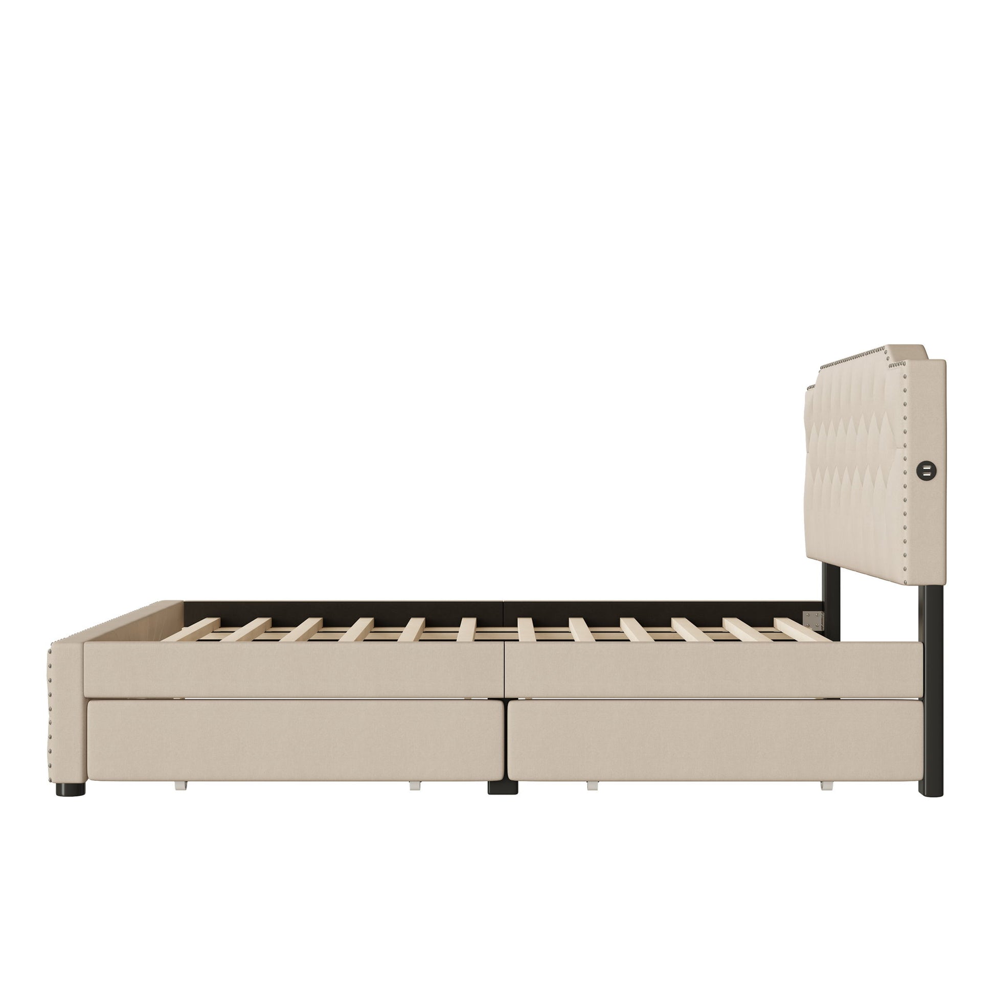Upholstered Platform Bed With 2 Drawers And 2 Sets Of USB Ports On Each Side, Linen Fabric - The Sleep Loft - Online Mattress Showroom NYC
