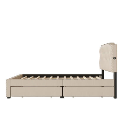 Upholstered Platform Bed With 2 Drawers And 2 Sets Of USB Ports On Each Side, Linen Fabric - The Sleep Loft - Online Mattress Showroom NYC