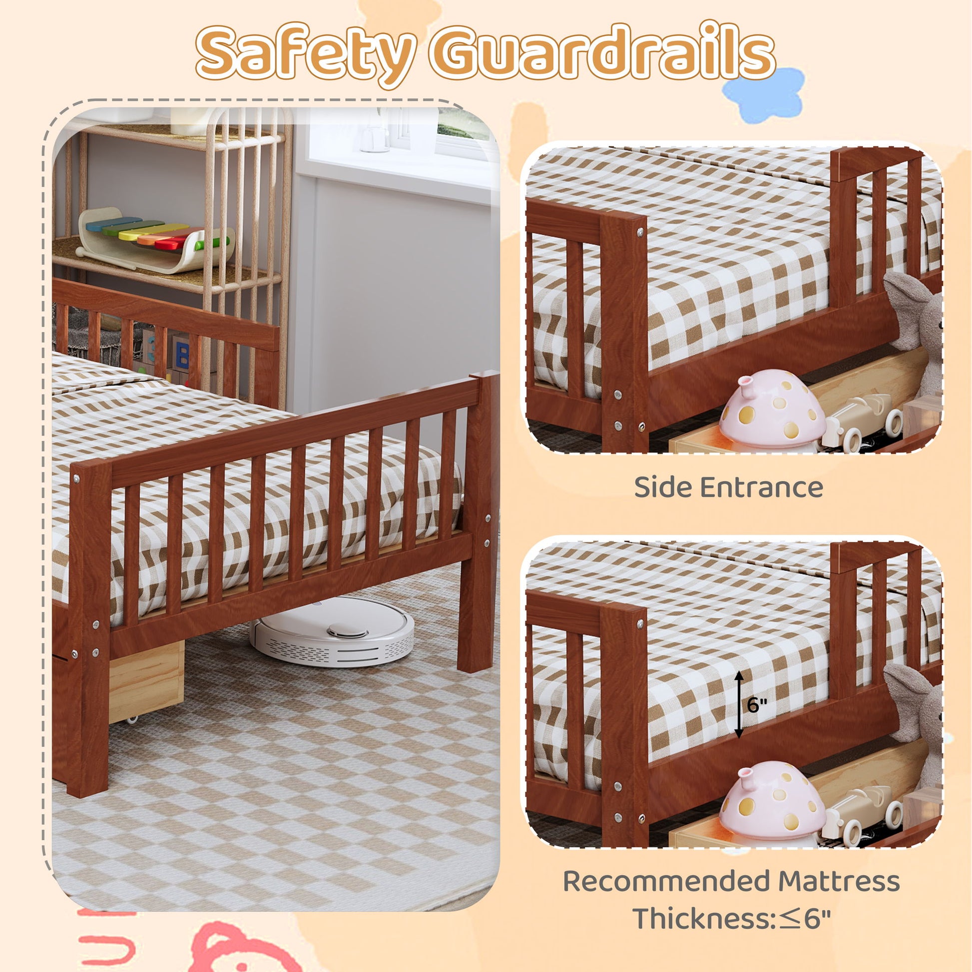 Bed With Headboard Storage Rack, 2 Under Bed Drawers, 3 Side Guardrails For Safety - The Sleep Loft - Online Mattress Showroom NYC