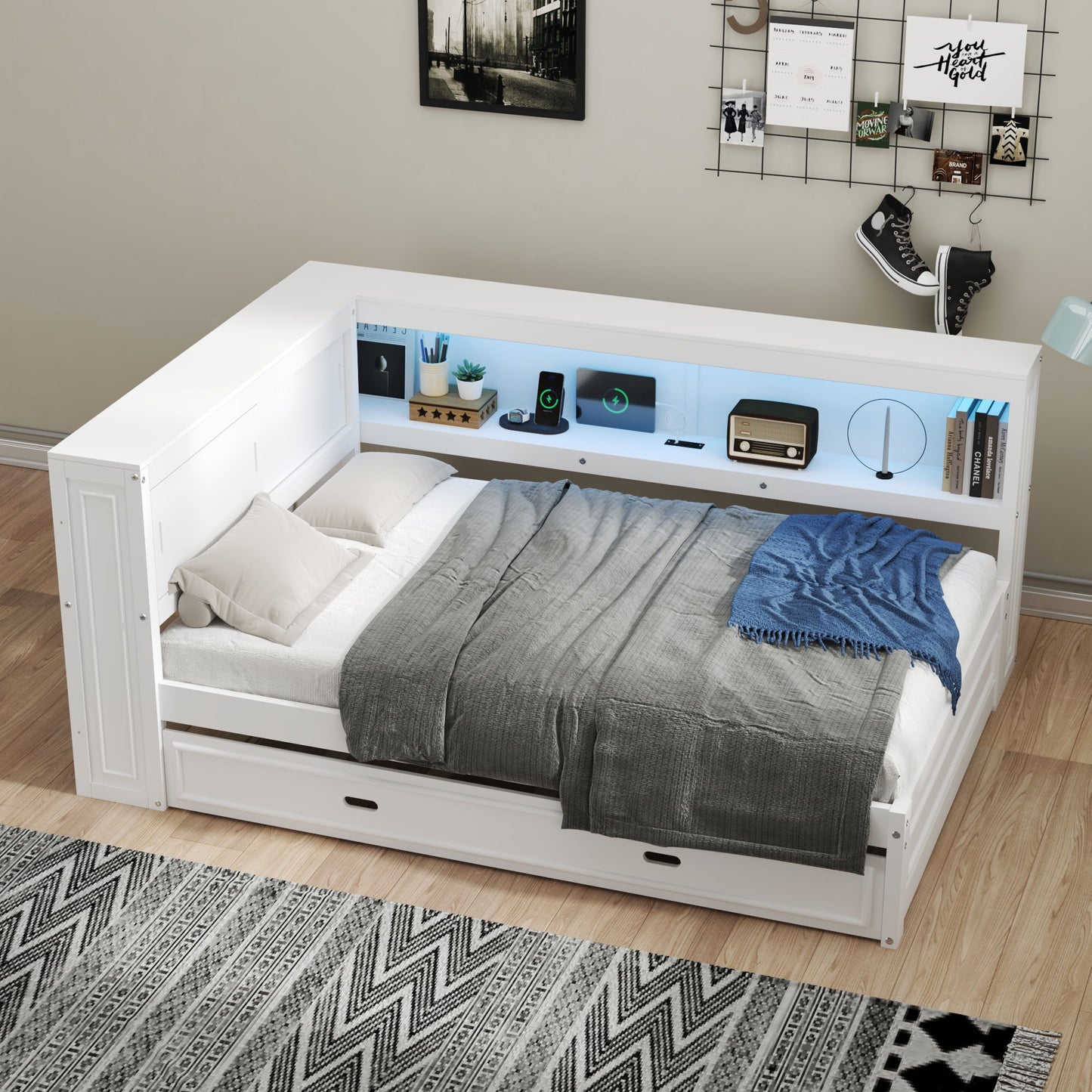 Daybed With Storage Shelves, LED, USB, And Trundle - The Sleep Loft - Online Mattress Showroom NYC