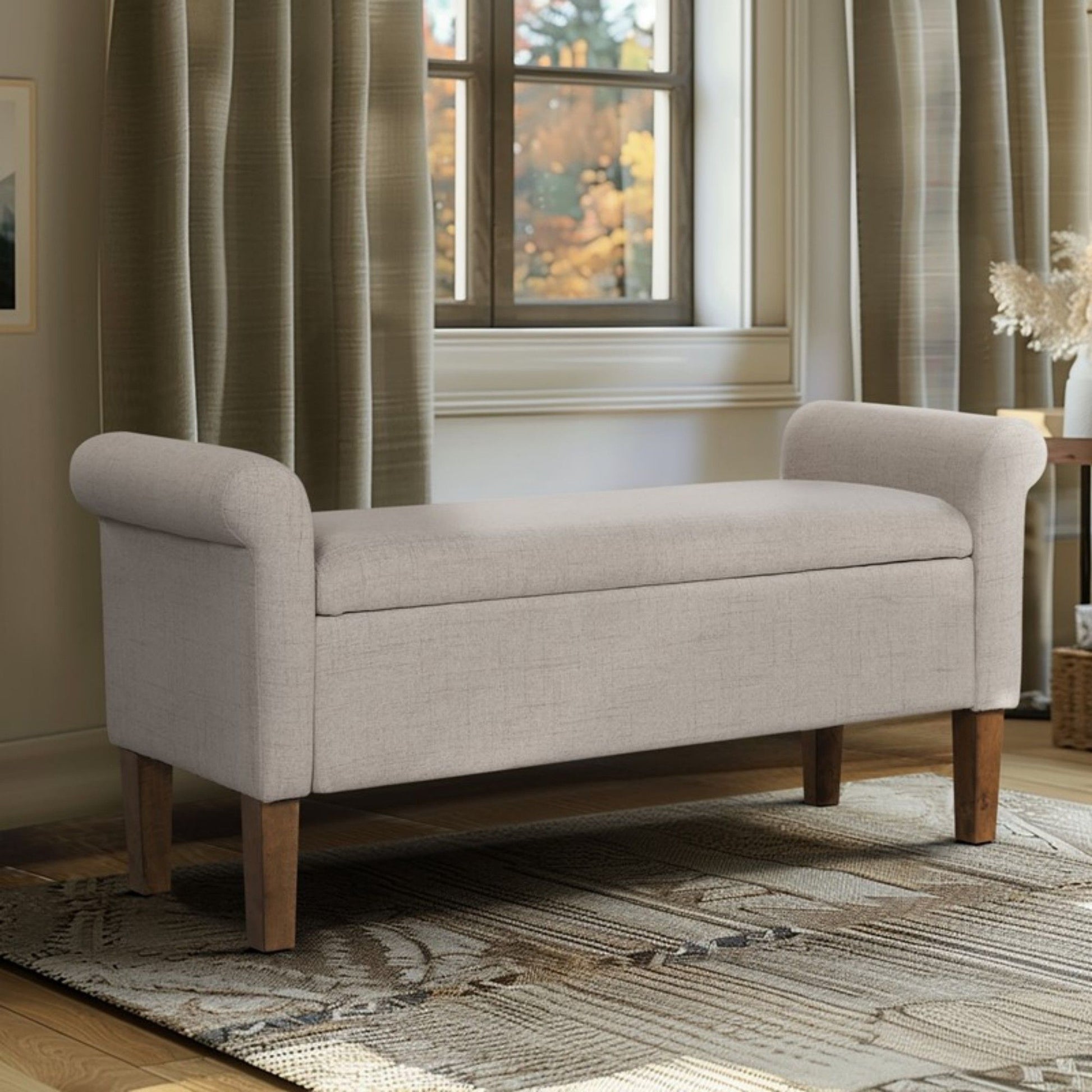 Upholstered Storage Bench With Rolled Armrests - Beige - The Sleep Loft - Online Mattress Showroom NYC