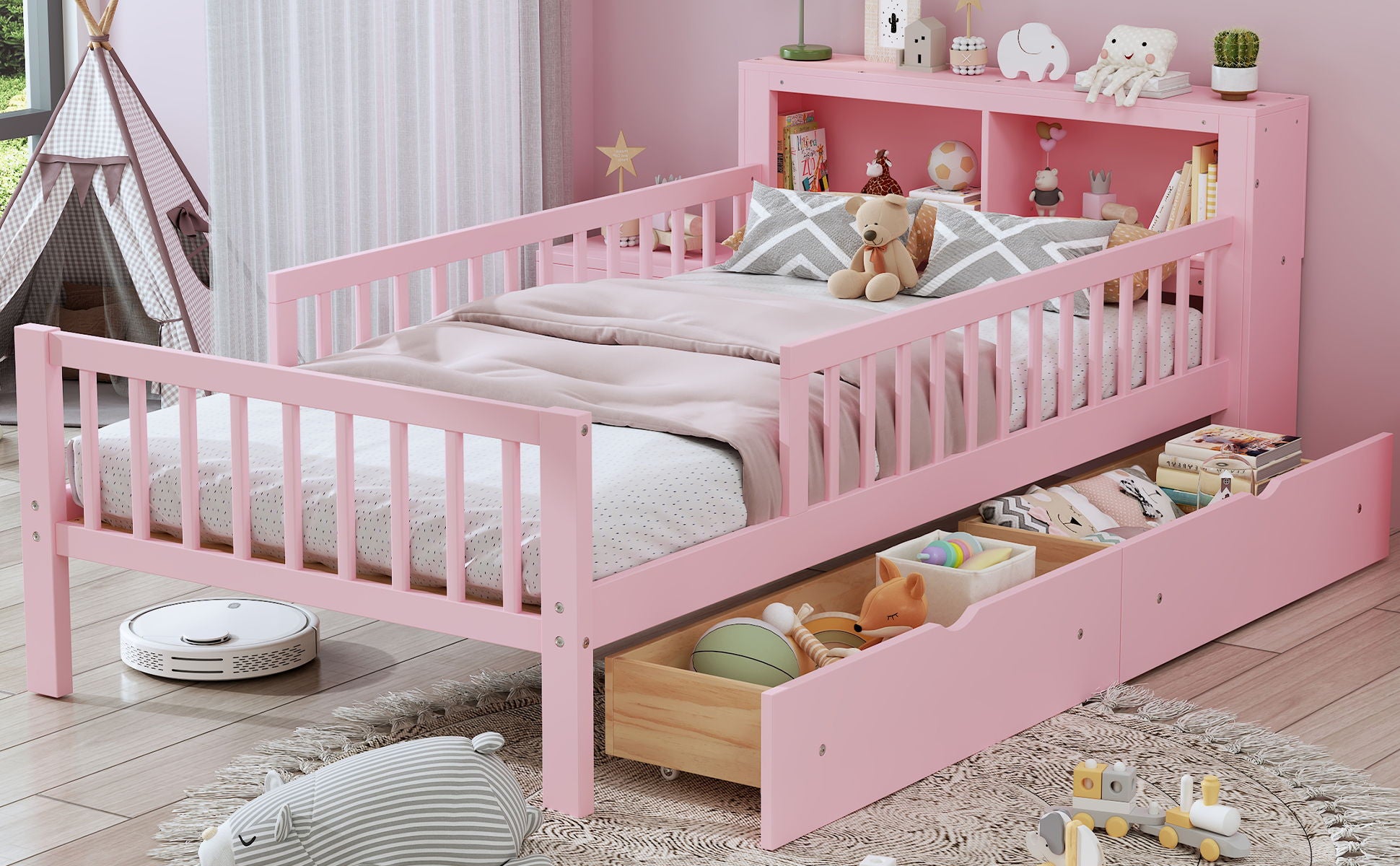 Bed With Headboard Storage Rack, 2 Under Bed Drawers, 3 Side Guardrails For Safety - The Sleep Loft - Online Mattress Showroom NYC