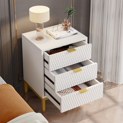 3 Drawer Nightstand With Hexagon Pattern, Storage Table For Living - White