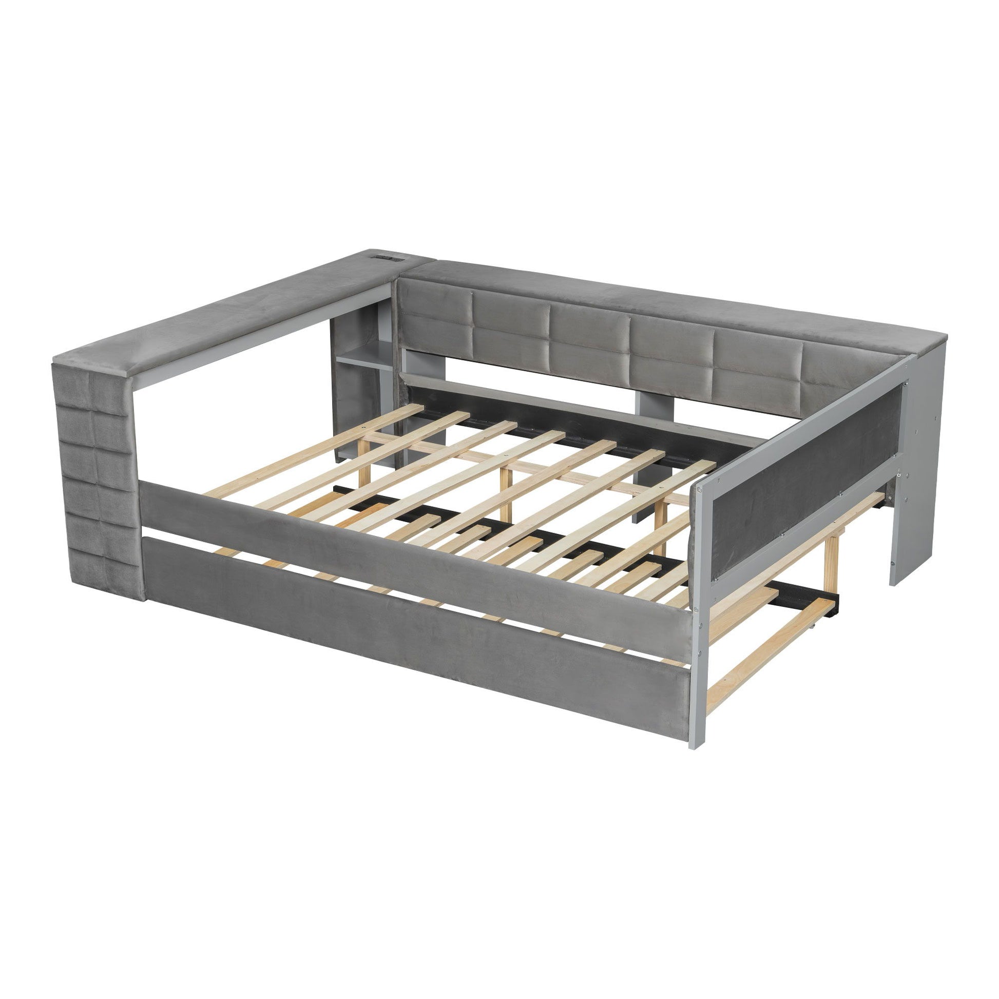 Upholstered Platform Bed With Storage Shelves, Desk, Charging Station And Trundle - The Sleep Loft - Online Mattress Showroom NYC