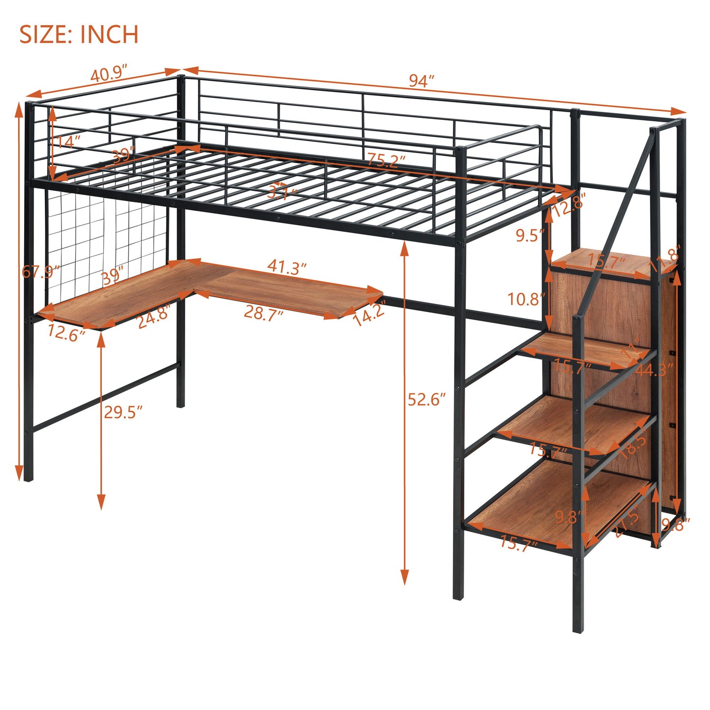 Loft Bed With Desk And Grid, Stylish Frame With Lateral Storage Ladder And Wardrobe - The Sleep Loft - Online Mattress Showroom NYC