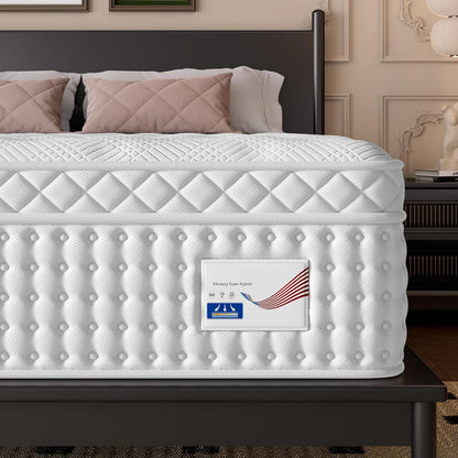 14" King Hybrid Mattress, Memory Foam & Pocket Spring Bed, Medium Firm Comfort, Spine Support, Quiet & Breathable - White