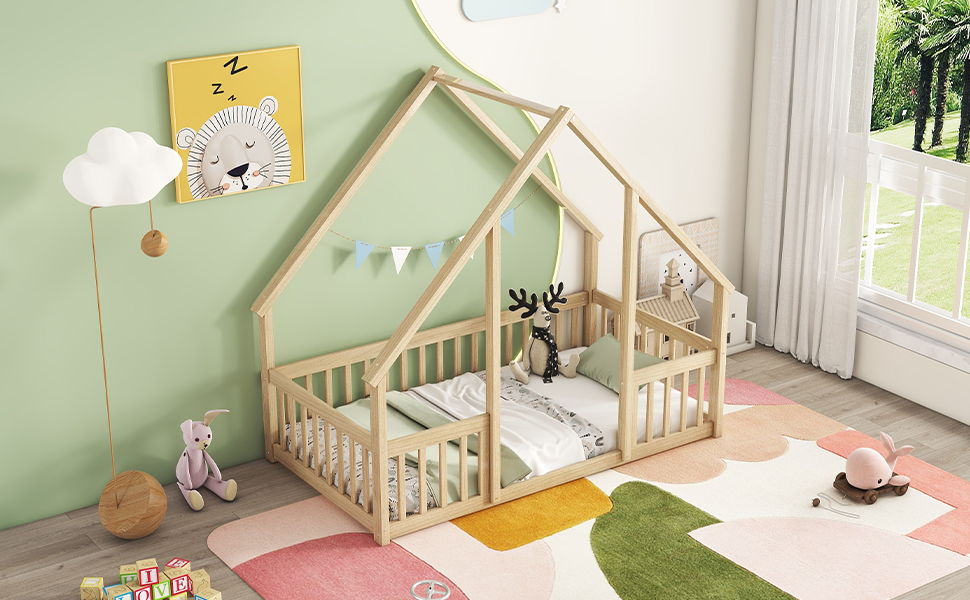 Wood House-Shaped Floor Bed With Fence, Guardrails - The Sleep Loft - Online Mattress Showroom NYC