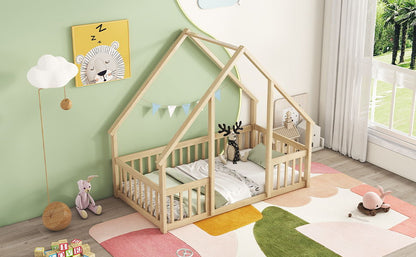 Wood House-Shaped Floor Bed With Fence, Guardrails - The Sleep Loft - Online Mattress Showroom NYC