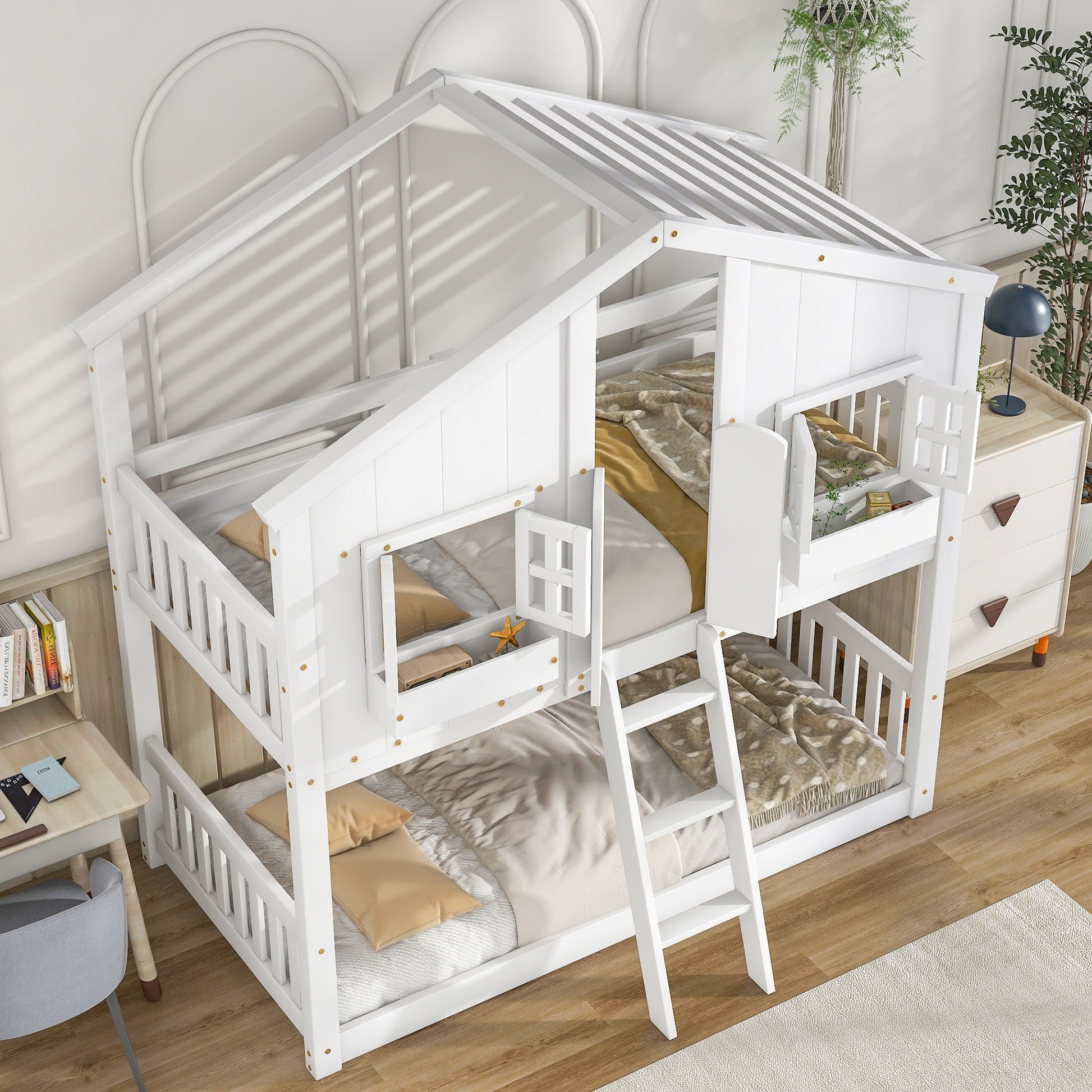 House Bunk Bed With Roof, Window, Window Box, Door, With Safety Guardrails And Ladder - The Sleep Loft - Online Mattress Showroom NYC