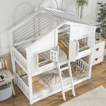 House Bunk Bed With Roof, Window, Window Box, Door, With Safety Guardrails And Ladder - The Sleep Loft - Online Mattress Showroom NYC
