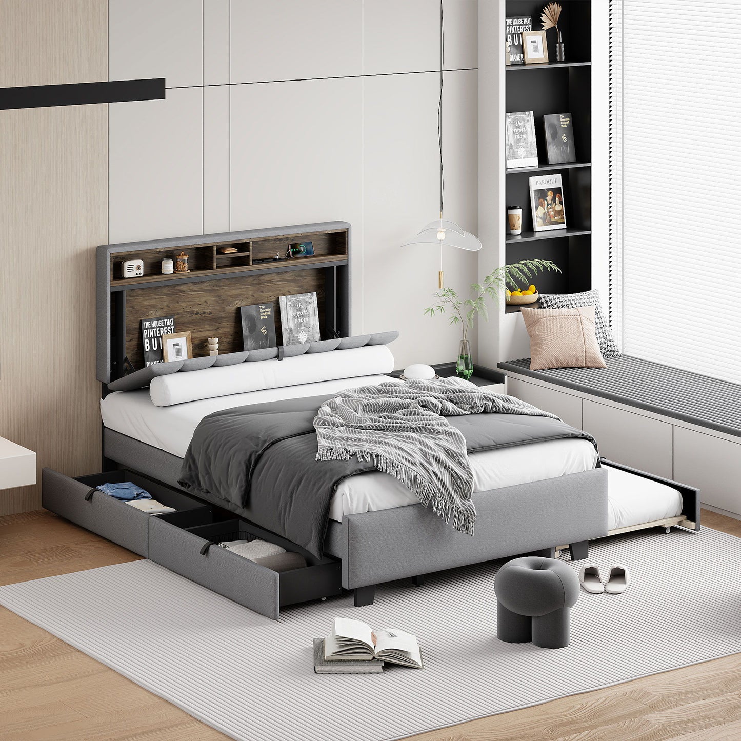 Upholstered Platform Bed With Storage Headboard, Trundle & 2 Drawers And A Set Of Sockets & USB Ports - The Sleep Loft - Online Mattress Showroom NYC