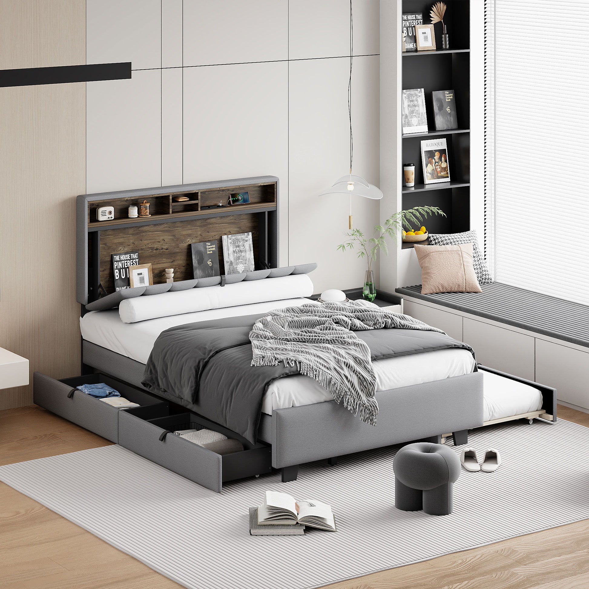 Upholstered Platform Bed With Storage Headboard, Trundle & 2 Drawers And A Set Of Sockets & USB Ports - The Sleep Loft - Online Mattress Showroom NYC