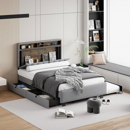 Upholstered Platform Bed With Storage Headboard, Trundle & 2 Drawers And A Set Of Sockets & USB Ports - The Sleep Loft - Online Mattress Showroom NYC