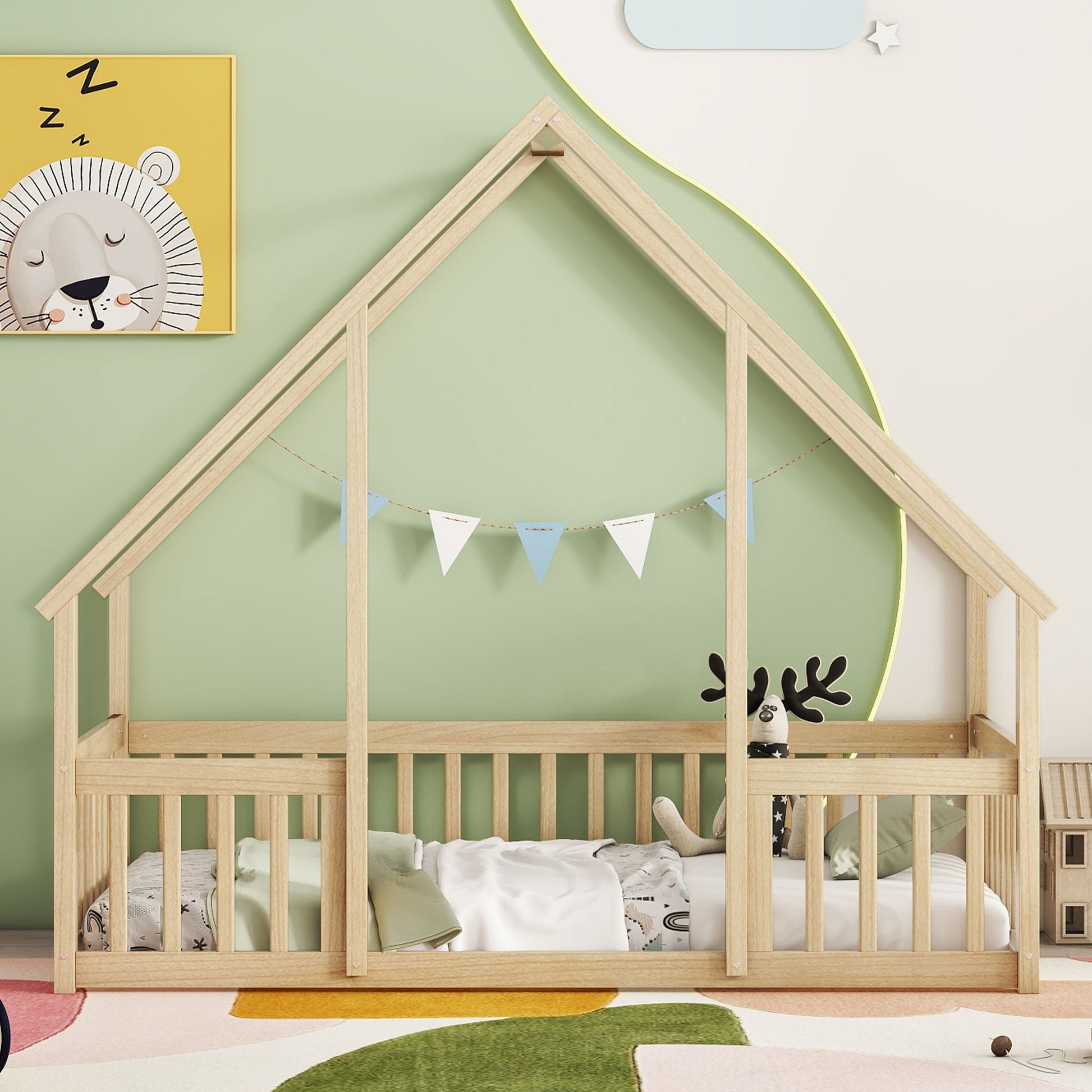 Wood House-Shaped Floor Bed With Fence, Guardrails - The Sleep Loft - Online Mattress Showroom NYC