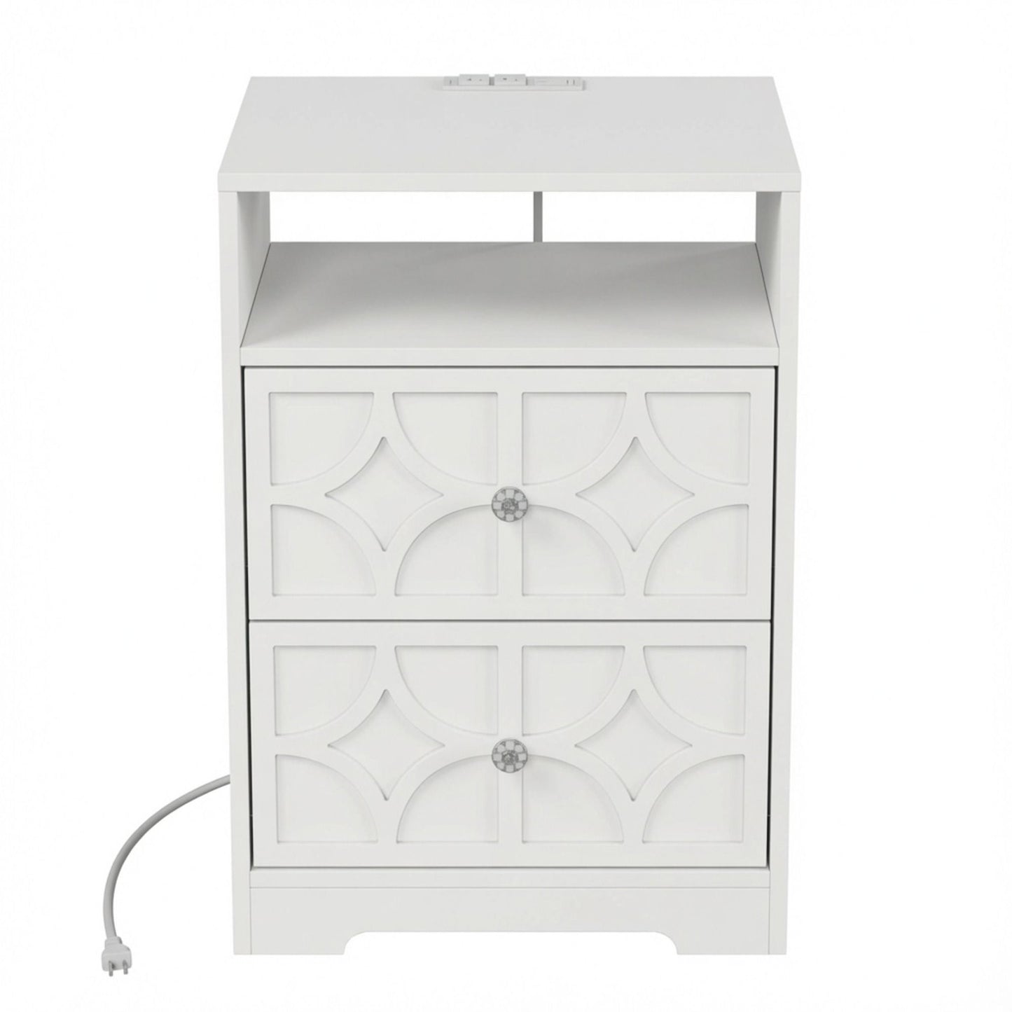Nightstand With Diamond Carvings Handles, 2 Drawers & Charging Station