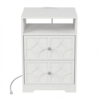 Nightstand With Diamond Carvings Handles, 2 Drawers & Charging Station
