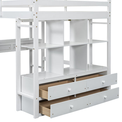 Full Size Loft Bed With Built In Desk, 2 Drawers, Storage Shelves - White - The Sleep Loft - Online Mattress Showroom NYC