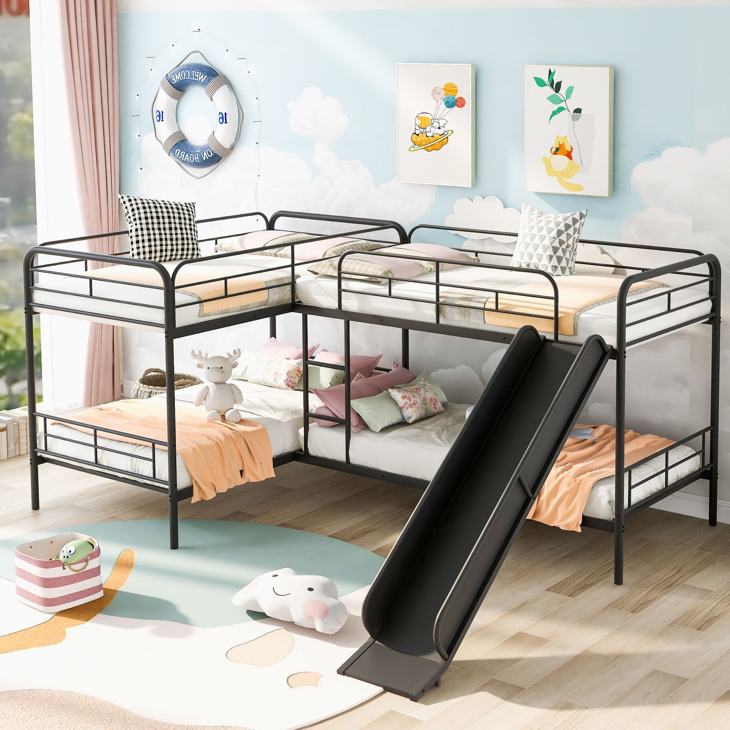 Mission Style Twin Size L-Shaped Bunk Bed With Slide And Ladder - Black - The Sleep Loft - Online Mattress Showroom NYC