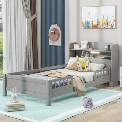 Wood Platform Bed With Built In LED Light, Storage Headboard And Guardrail - The Sleep Loft - Online Mattress Showroom NYC