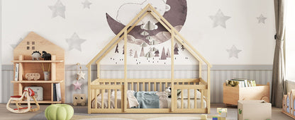 Wood House-Shaped Floor Bed With Fence, Guardrails - The Sleep Loft - Online Mattress Showroom NYC