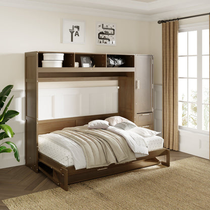 Full Size Murphy Bed With Wardrobe, Drawers, And Open Shelves - Wood - The Sleep Loft - Online Mattress Showroom NYC