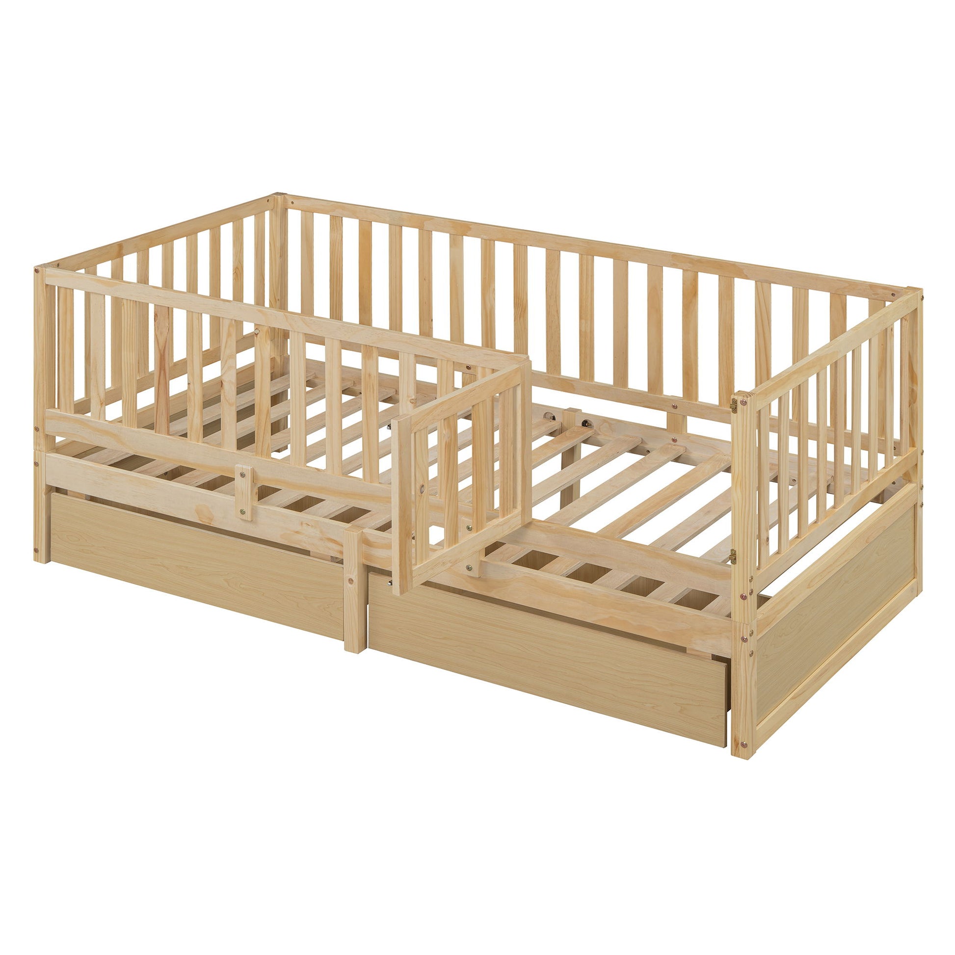 Daybed With Fence Guardrails And 2 Drawers, Split Into Independent Floor Bed & Daybed - The Sleep Loft - Online Mattress Showroom NYC
