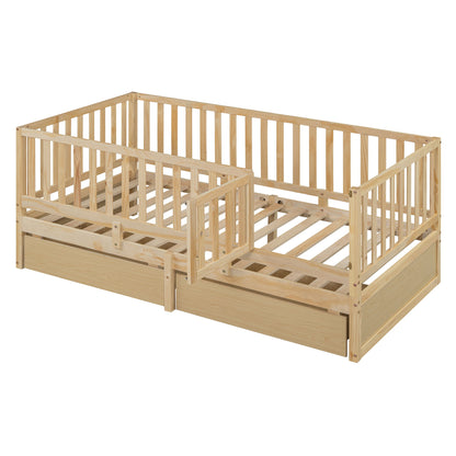Daybed With Fence Guardrails And 2 Drawers, Split Into Independent Floor Bed & Daybed - The Sleep Loft - Online Mattress Showroom NYC