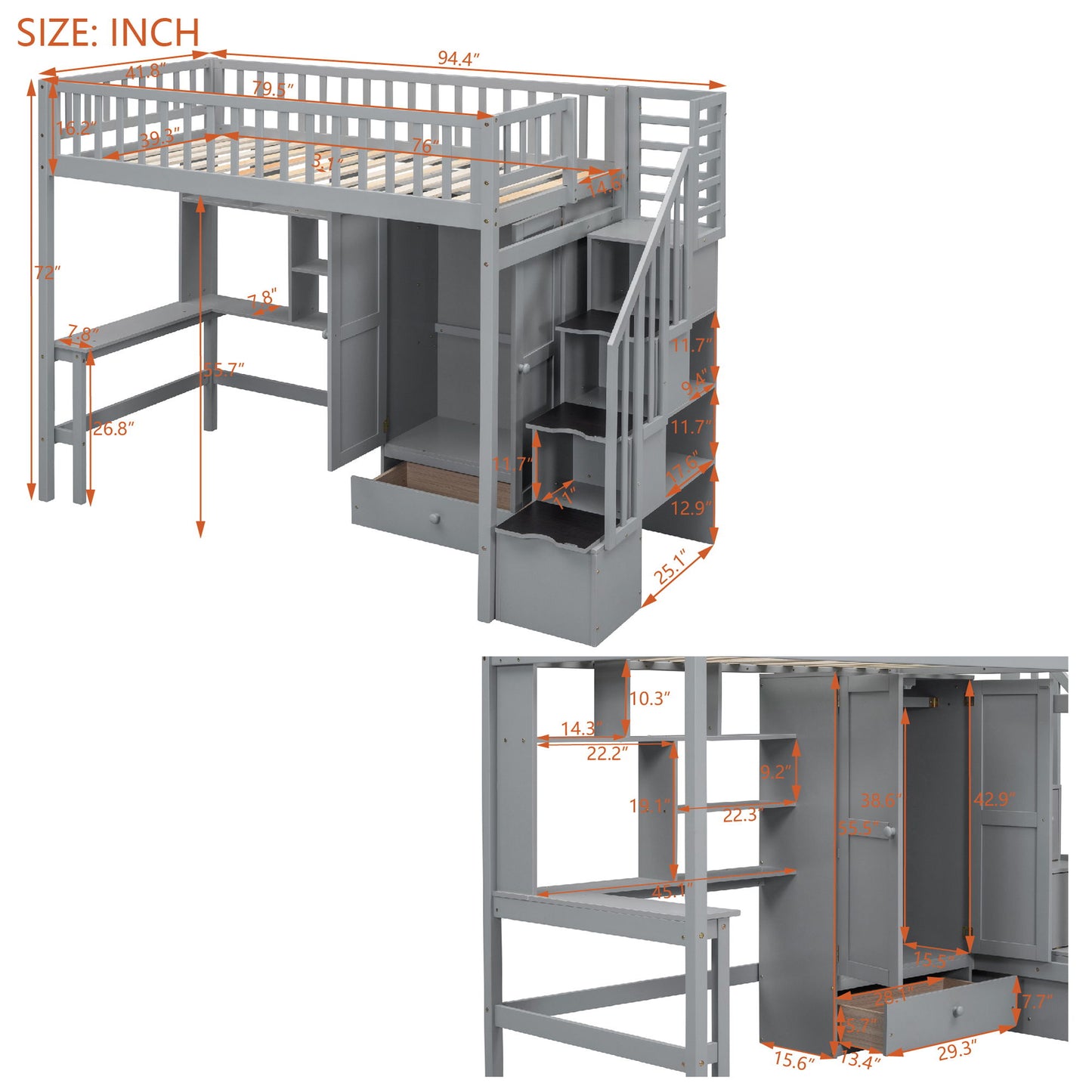 Loft Bed With Bookshelf, Drawers, Desk, And Wardrobe - The Sleep Loft - Online Mattress Showroom NYC
