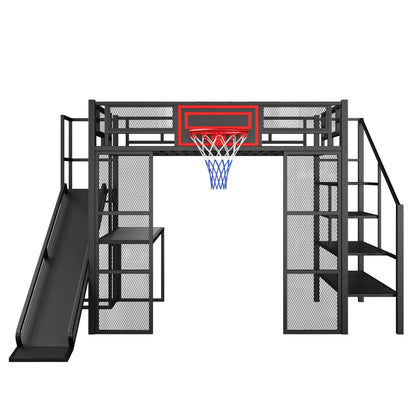 Loft Bed With Built In Desk, Open Wardrobe, Basketball Hoop, Slide And Staircase - The Sleep Loft - Online Mattress Showroom NYC