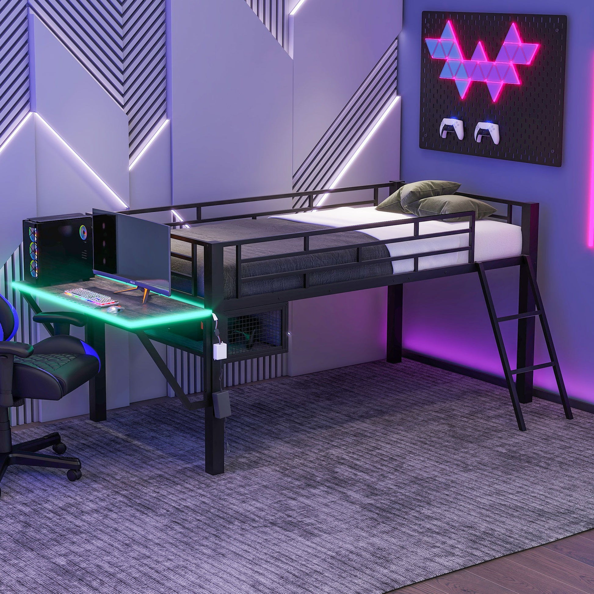 Modern Gaming Mid Loft Bed With Desk And LED Lights - The Sleep Loft - Online Mattress Showroom NYC