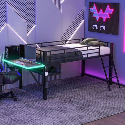 Modern Gaming Mid Loft Bed With Desk And LED Lights - The Sleep Loft - Online Mattress Showroom NYC