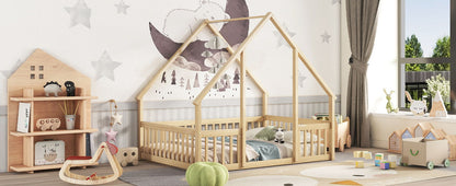Wood House-Shaped Floor Bed With Fence, Guardrails - The Sleep Loft - Online Mattress Showroom NYC