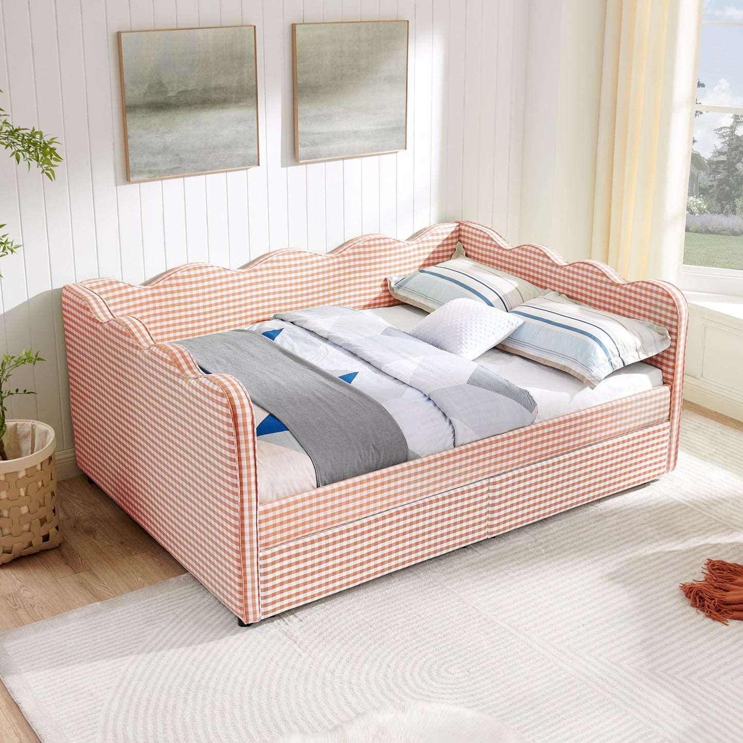 Gingham Daybed With USB Charging Port, Wave-Shaped Design - The Sleep Loft - Online Mattress Showroom NYC