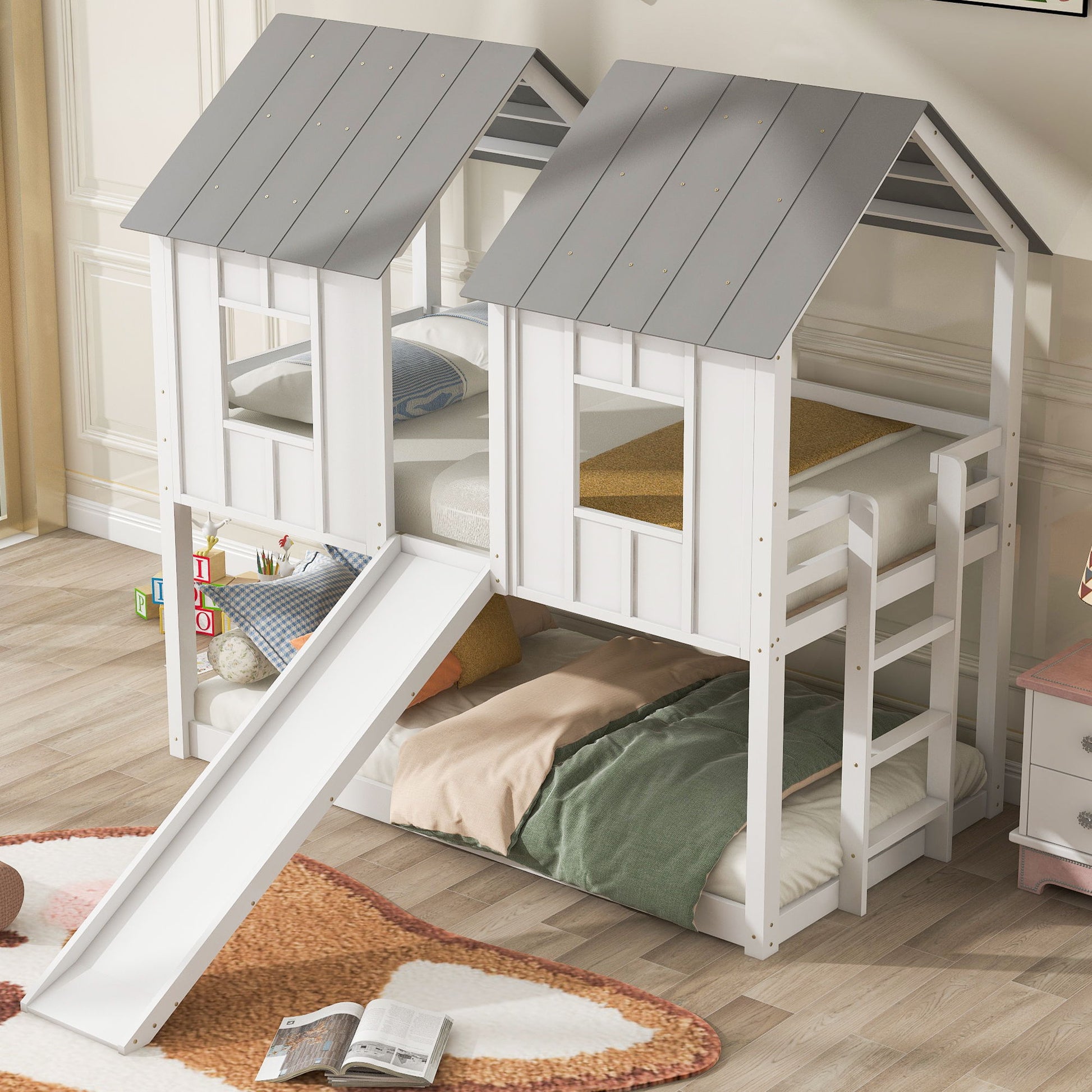 Twin Over Twin House Bunk Bed With Slide And Windows - White / Gray - The Sleep Loft - Online Mattress Showroom NYC