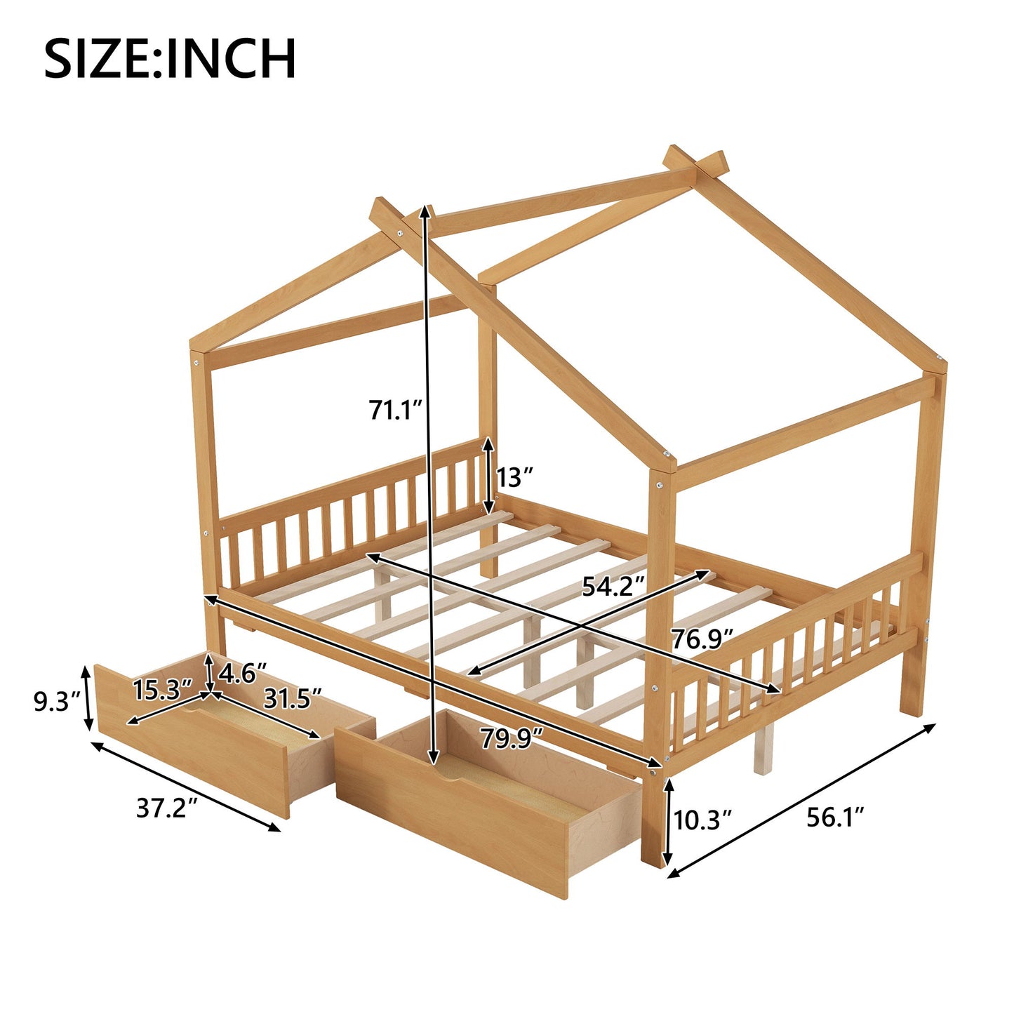 House Style Platform Bed With Headboard, Footboard, 2 Drawers, And Roof Design - The Sleep Loft - Online Mattress Showroom NYC