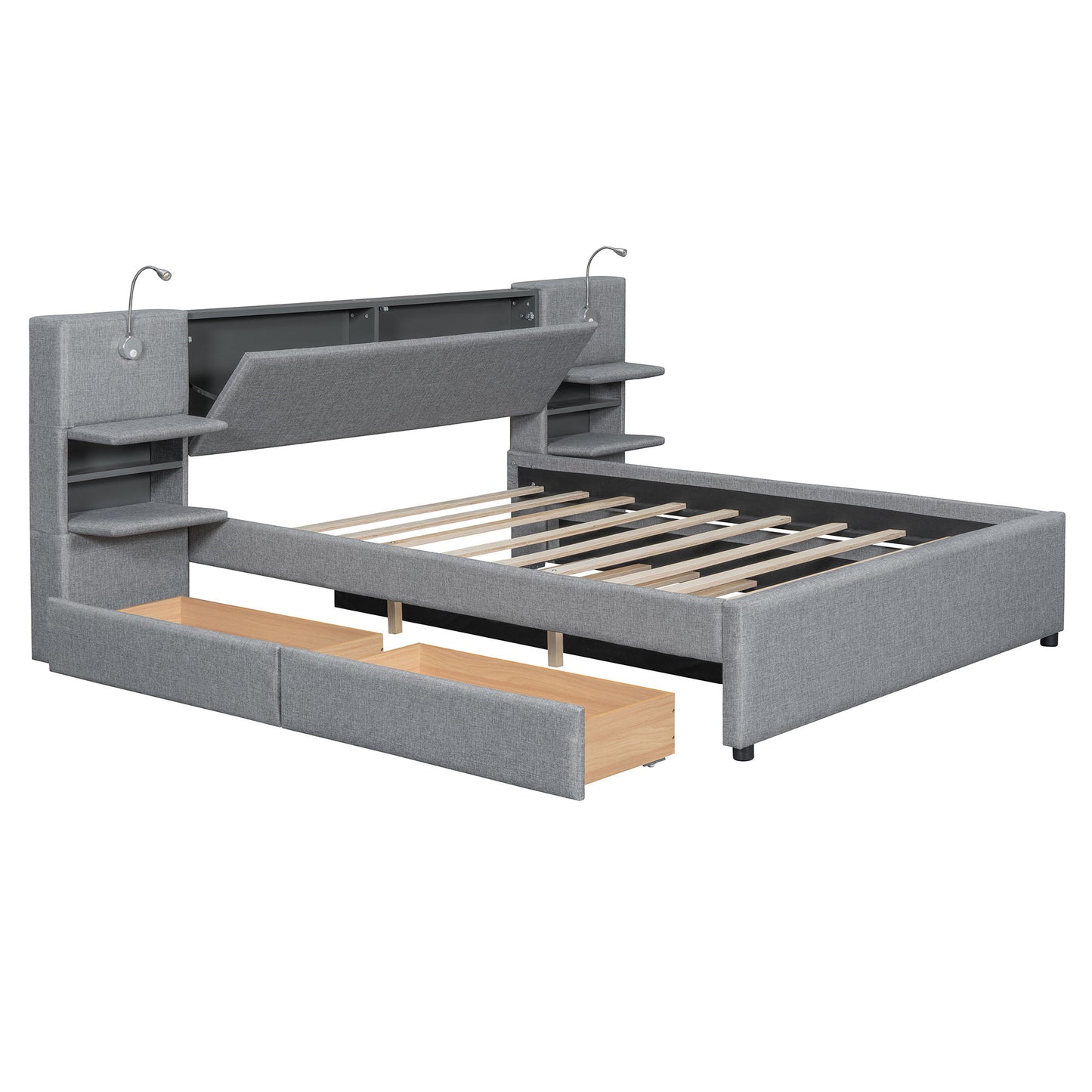 Upholstered Platform Bed With Reading Lights, Drawers, Trundle And Shelves - The Sleep Loft - Online Mattress Showroom NYC