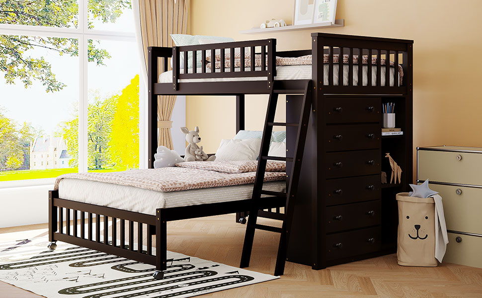 Bunk Bed With 6 Drawers And Flexible Shelves, Bottom Bed With Wheels - The Sleep Loft - Online Mattress Showroom NYC