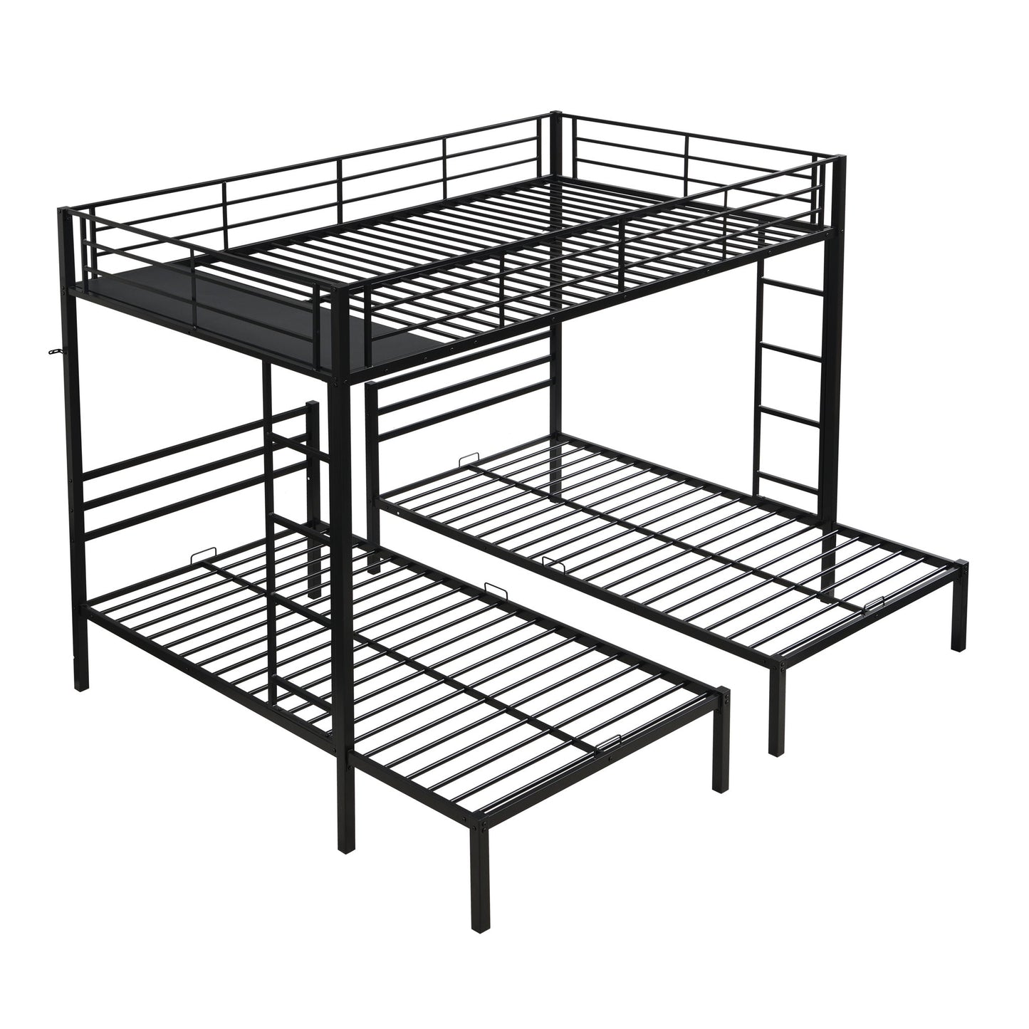 Modern Metal Triple Bunk Bed With Vertical Ladder, Safety Rail, And Storage Shelf - Black - The Sleep Loft - Online Mattress Showroom NYC