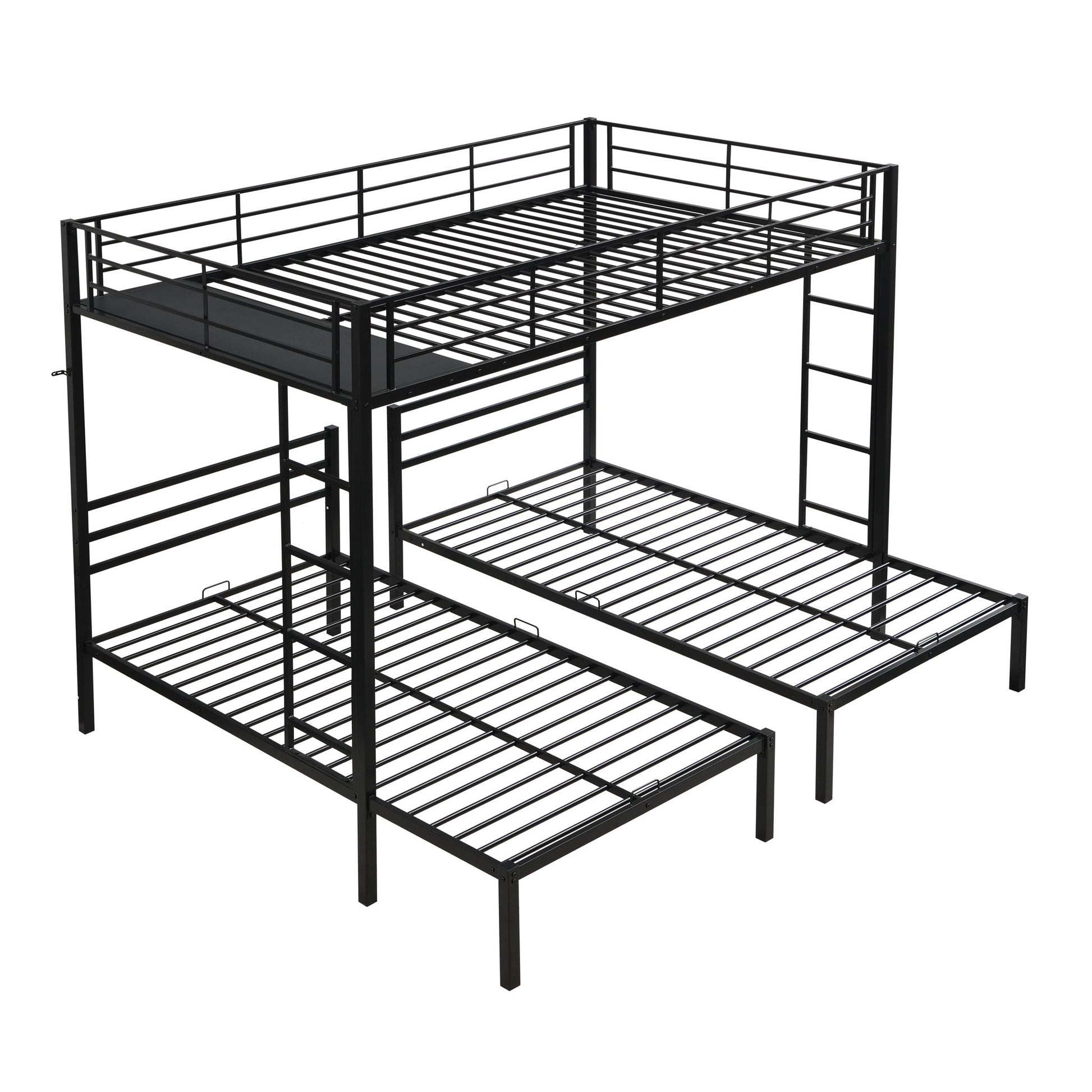 Modern Metal Triple Bunk Bed With Vertical Ladder, Safety Rail, And Storage Shelf - Black - The Sleep Loft - Online Mattress Showroom NYC