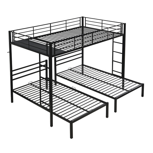 Modern Metal Triple Bunk Bed With Vertical Ladder, Safety Rail, And Storage Shelf - Black - The Sleep Loft - Online Mattress Showroom NYC