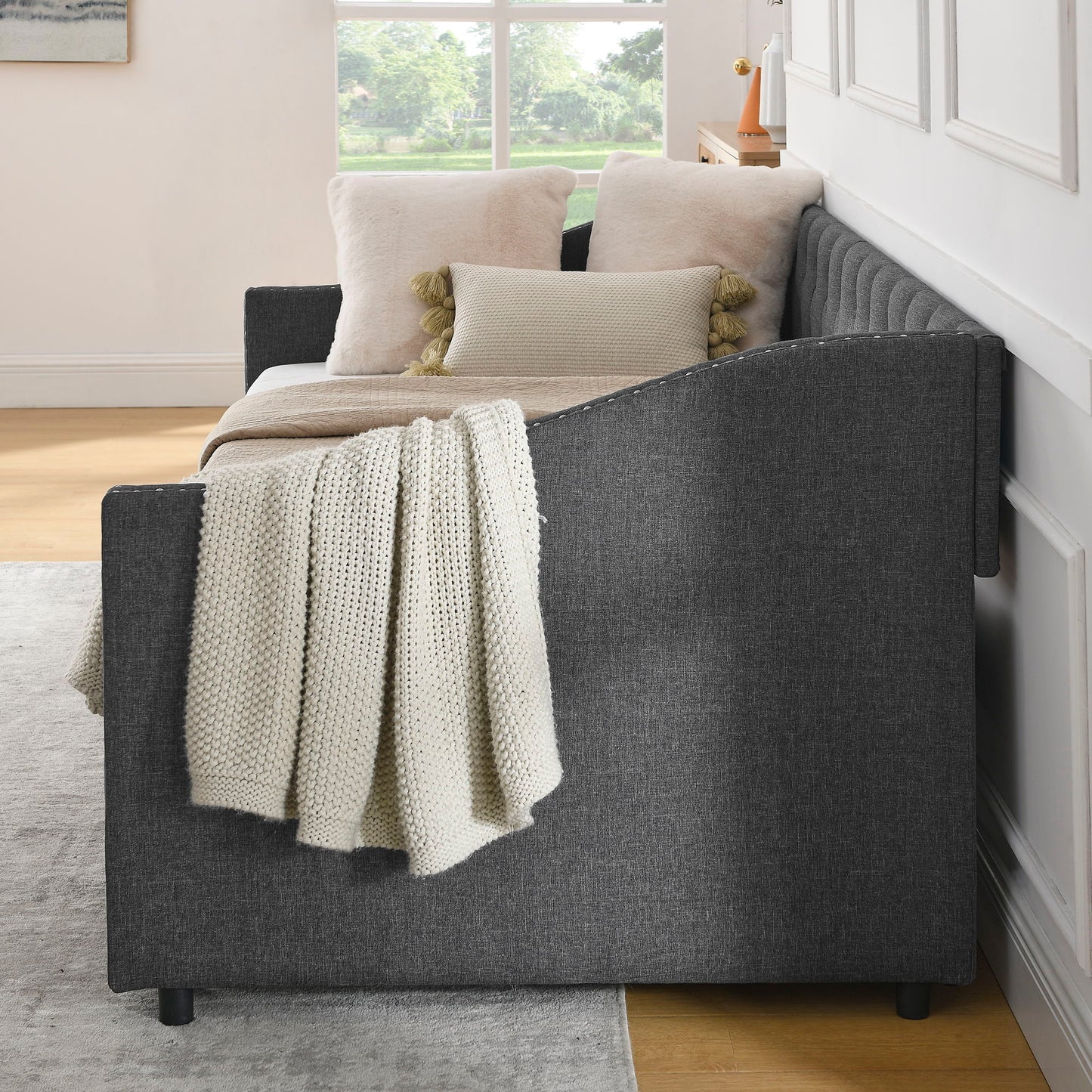 Upholstered Tufted Daybed With 2 Drawers, Waved Arms - The Sleep Loft - Online Mattress Showroom NYC