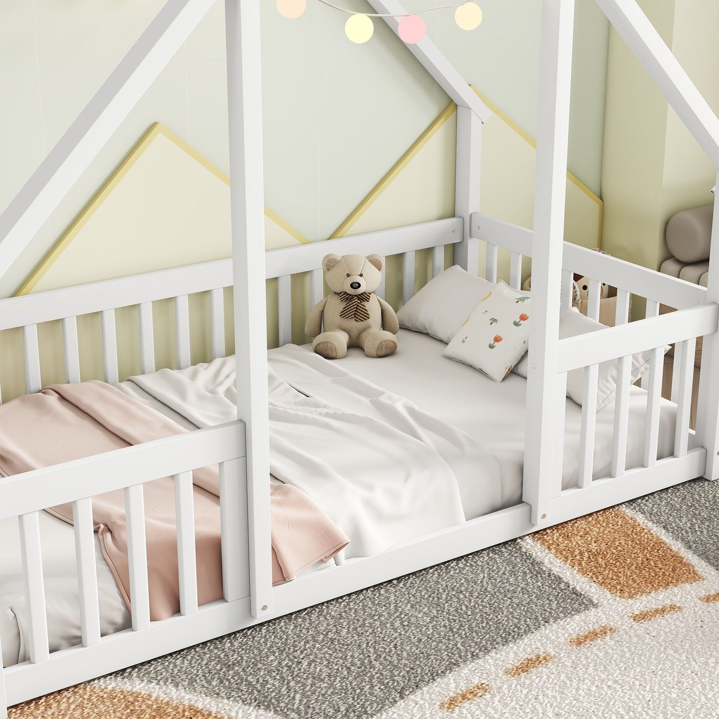 Wood House-Shaped Floor Bed With Fence, Guardrails - The Sleep Loft - Online Mattress Showroom NYC