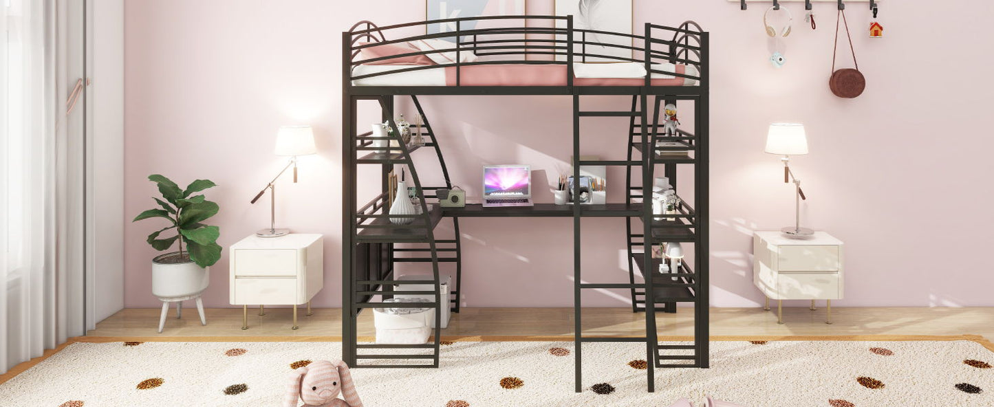 Loft Bed With 4 Layers Of Shelves And L-Shaped Desk, Stylish Metal Frame Bed With A Set Of Sockets, USB Ports And And Wireless Charging - The Sleep Loft - Online Mattress Showroom NYC