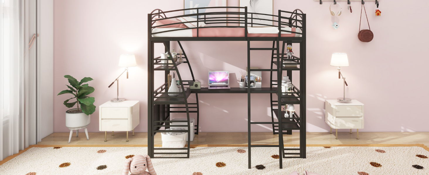 Loft Bed With 4 Layers Of Shelves And L-Shaped Desk, Stylish Metal Frame Bed With A Set Of Sockets, USB Ports And And Wireless Charging - The Sleep Loft - Online Mattress Showroom NYC