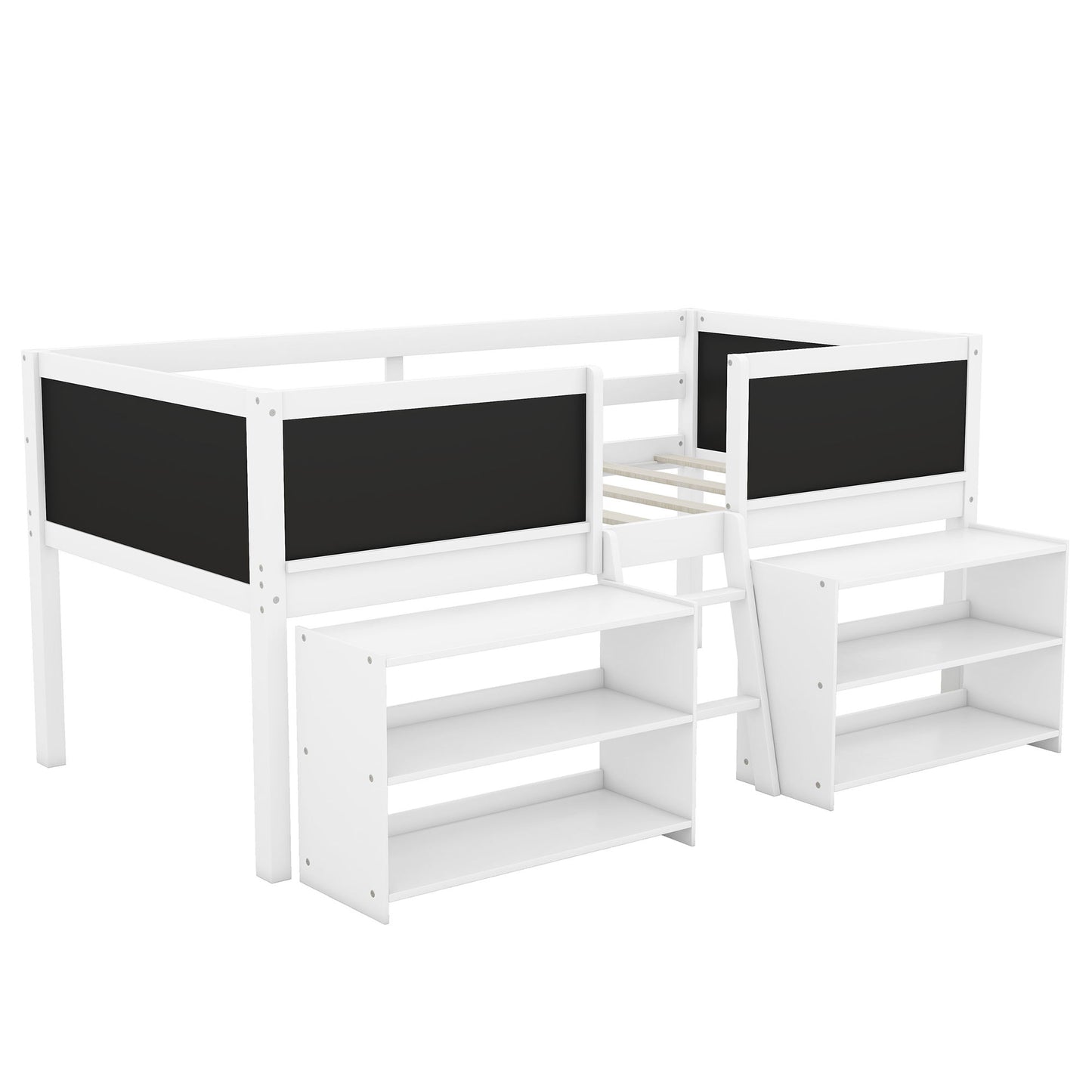 Low Loft Bed With Movable Shelves And Ladder, Decorative Chalkboard Guardrail - The Sleep Loft - Online Mattress Showroom NYC