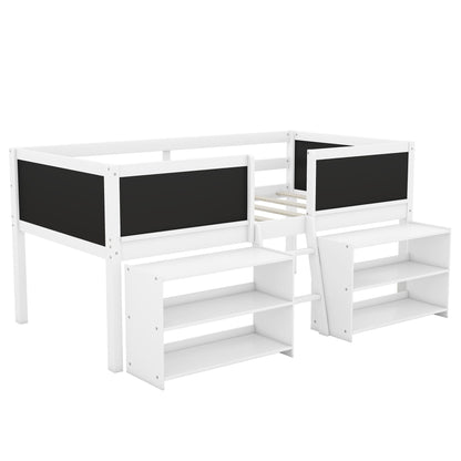 Low Loft Bed With Movable Shelves And Ladder, Decorative Chalkboard Guardrail - The Sleep Loft - Online Mattress Showroom NYC