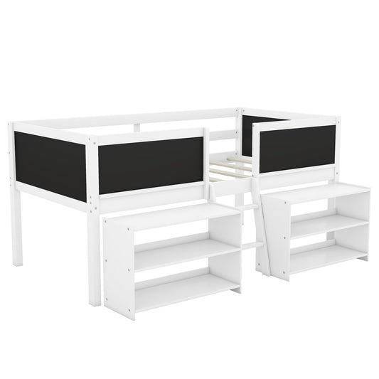 Low Loft Bed With Movable Shelves And Ladder, Decorative Chalkboard Guardrail - The Sleep Loft - Online Mattress Showroom NYC