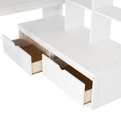 Full Size Loft Bed With Desk And Shelves, 2 Built In Drawers, Storage Staircase - White - The Sleep Loft - Online Mattress Showroom NYC